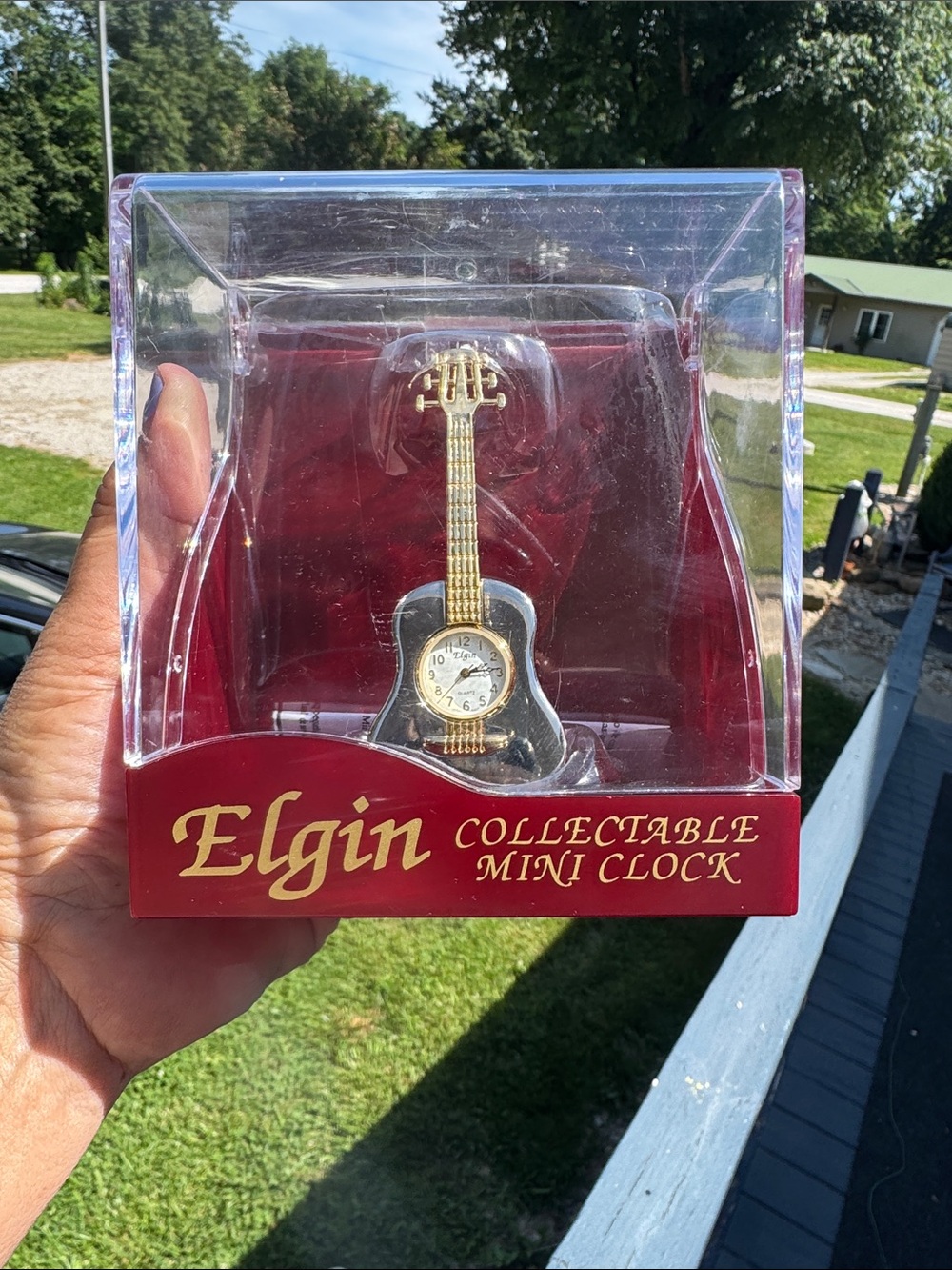 Elgin Gold & Black Guitar Collectable Mini Clock in Box